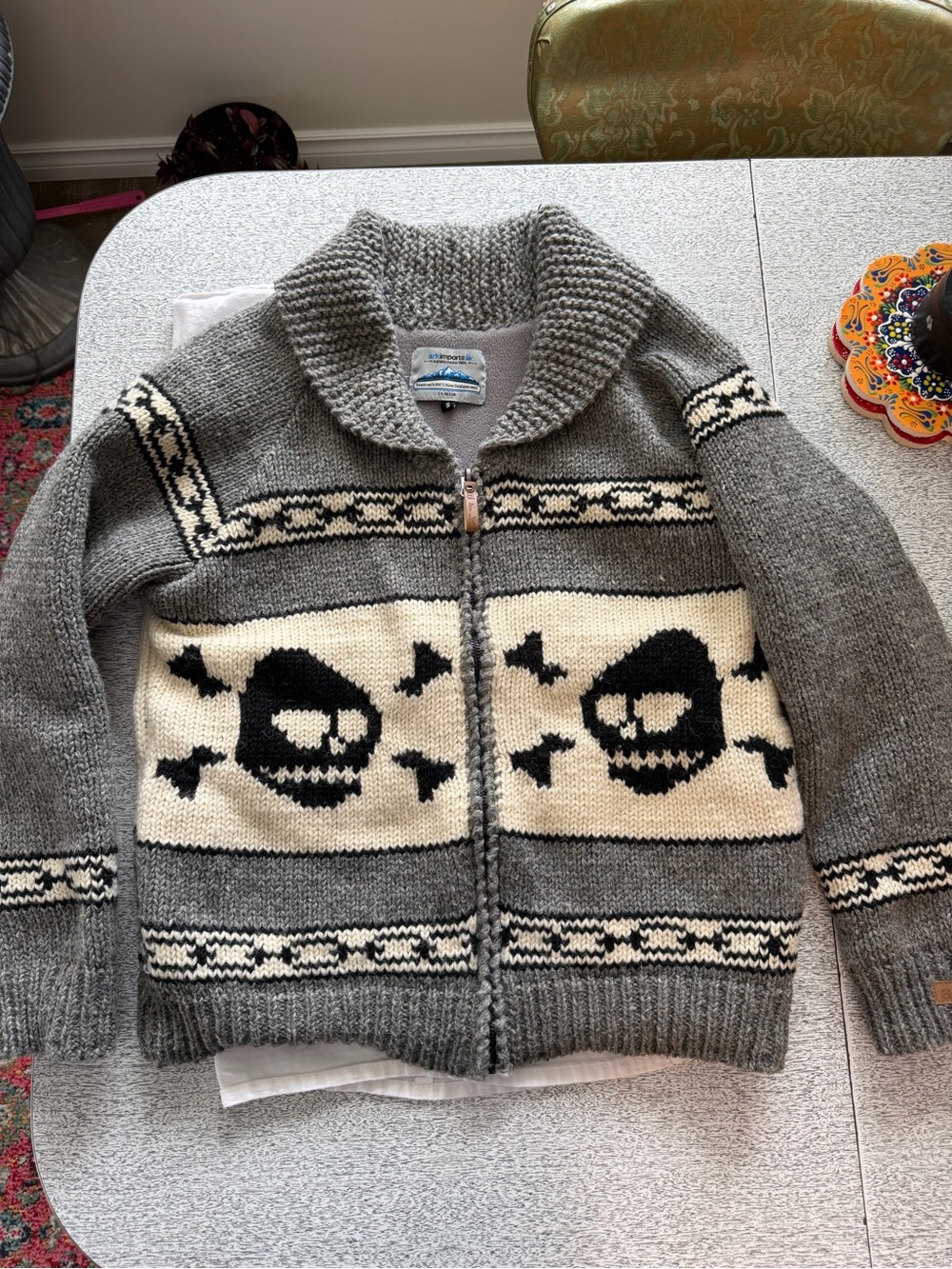 Ark Imports Grey & Cream Zip-Up Skull Sweater Jacket, NWOT